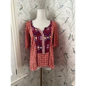 ANTHROPOLOGIE Akemi + Kin XS Boho Tunic Blouse Top Ikat Red Purple
